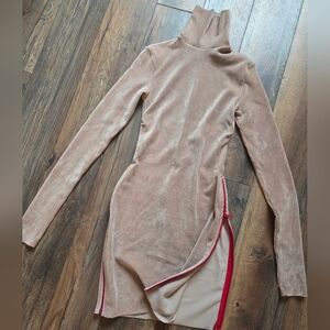 Corduroy Red Zippers Tan Turtleneck Sweater Dress Raw Hem